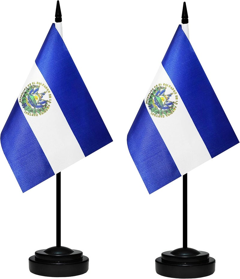 BCLin Salvador Desk Flag Set, 2 Pack Salvador Table Office Flags, Small Mini Desktop Flag With 12" Solid Black Pole, Black Base, Miniature Desktop Flag - Image 1